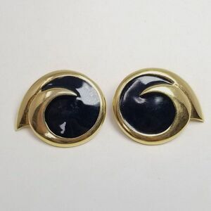 Vintage 1980s Monet Black Enamel Gold Tone Clip On Statement Earrings, Estate